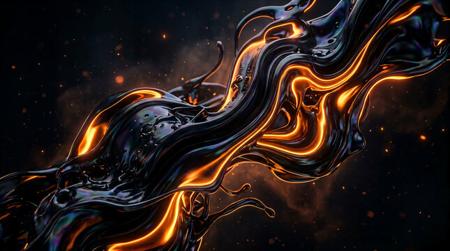 Abstract flowing liquid metal with glowing orange highlights sci fi abstract