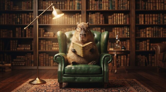 Whimsical capybara wearing glasses sitting in a cozy green leather armchair and reading a book inside a classic vintage library