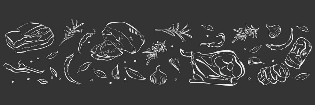 Hand drawn white meat delicacies border with jamon, bacon, prosciutto, ham, garlic, rosemary and spices. Vintage culinary outline frame. Whimsical vector illustration isolated on dark background