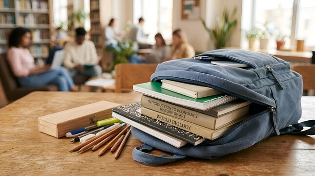 Student Backpack Full of Books and Pencils on Wooden Desk in Library