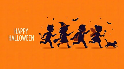 Obraz premium Happy halloween kids in costume trick or treating festive orange background