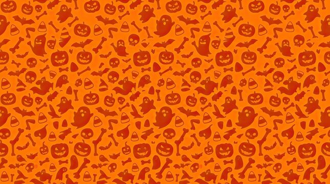Spooky halloween pattern jack o' lanterns ghosts bats bones orange background