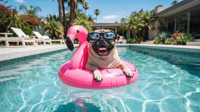 Cute pug dog wearing sunglasses floating on a pink flamingo pool float in a sunny backyard swimming pool during summer vacation