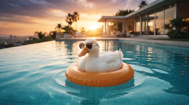 Funny white duck wearing sunglasses floating in an orange swim ring inside a luxury infinity pool during a golden sunset
