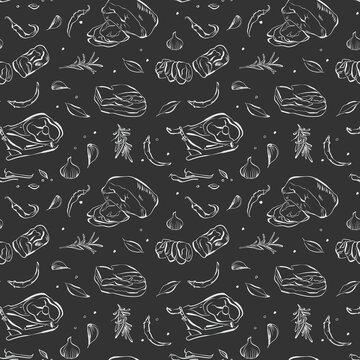 Hand drawn seamless meat delicacies pattern with jamon, bacon, prosciutto, ham, garlic, rosemary and spices. Vintage ink culinary vector illustration on dark background for wrapping and packaging.