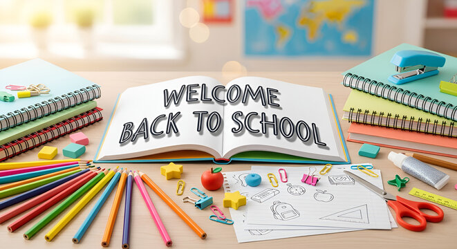 Welcome Back To School Text On Open Book Surrounded By Supplies