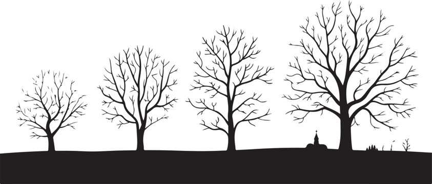 Silhouettes of four bare winter trees, an old church building, and a small house on a flat ground with an isolated background.