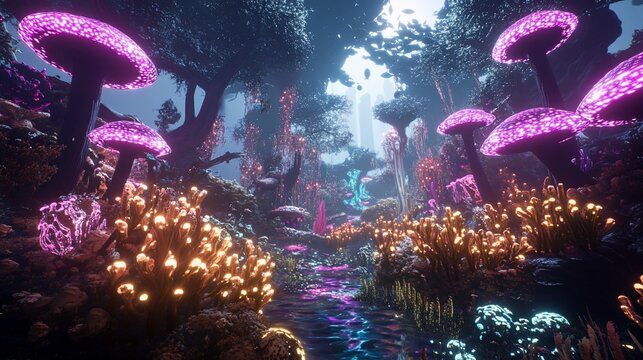 Glowing Fungi Forest Path, Fantasy Game Background