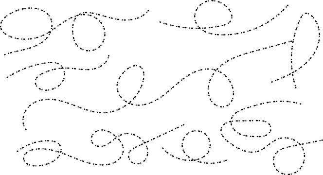 Assortment of black dotted swirl lines and wave patterns isolated on white background graphic design elements for creative documents and presentations.