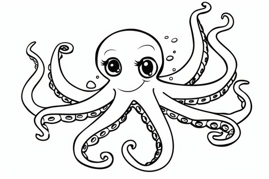 An octopus swimming, black and white line art