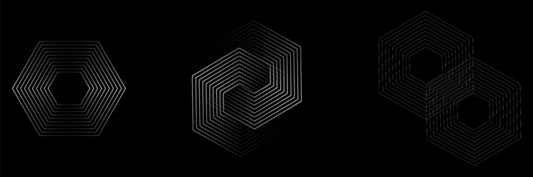 Abstract Geometric Hexagon Line Pattern Set with Gradient Fade Effect on Black Background, Modern Minimal Vector Design