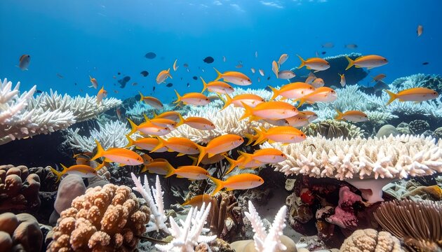School of bright orange fish swimming together over a bleached white coral reef structure in clear blue ocean water.