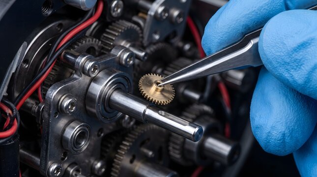 Tweezers placing a tiny brass spur gear onto a drive shaft inside a miniature gear train.
