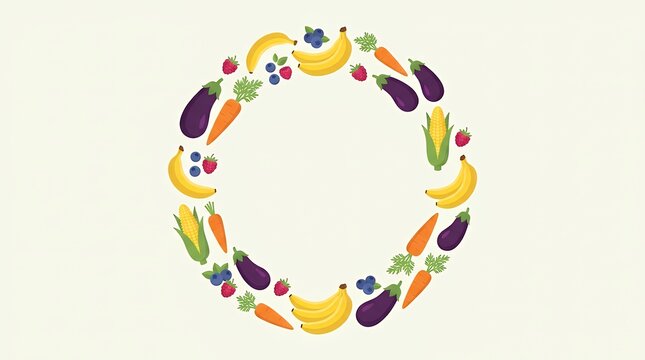 Assorted Produce Wreath in Minimalist Flat Graphic Style Round Border Compiling Fresh Banana Root Carrot Maize Corn Nightshade Aubergine and Orchard Berries Disconnected on Clean Backdrop for