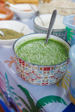 Mexican green sauce made with hot chili, spicy food in Mexican feast with Homemade food on table in Mexico Latin America