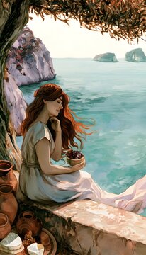 Serene coastal moment a young woman finds peace amidst rustic beauty and warm sunlight
