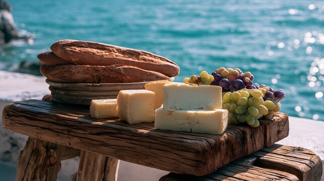 Mediterranean sunlight illuminates rustic cheeses grapes and crusty bread on a scenic table
