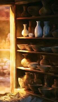 Artisanal pottery collection glows warmly on antique shelves a heritage of craft
