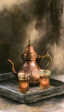 Antique Copper Teapot Still Life Evokes Heritage Tranquility and Rustic Aged Charm
