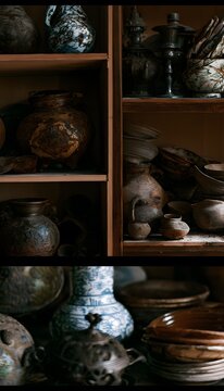 Timeless treasures antique ceramics and decorative objects on rustic wooden shelves evoke heritage craftsmanship