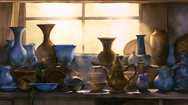 Antique Shop Still Life Watercolor Illustration Evokes History Craftsmanship Aged Pottery Warm Light