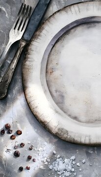Rustic Still Life Watercolor Plate Vintage Silverware Earthy Food Photography Minimalist Stock Image