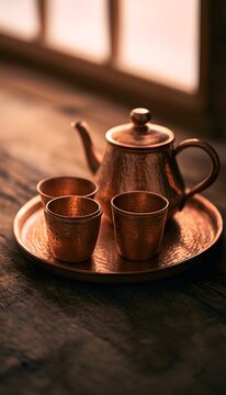 Warm Copper Teapot Set Reflects Golden Hour Light on Rustic Wooden Tray