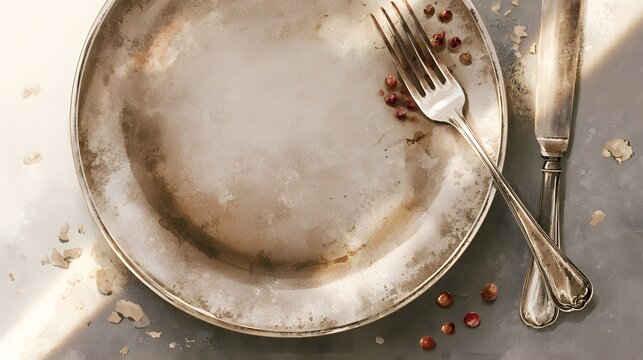 Rustic ceramic tableware still life with antique cutlery and scattered berries on stone