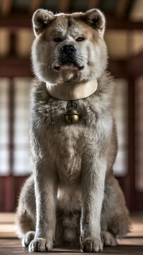 Serene Akita Inu portrait captures Japanese heritage with a traditional silk collar and calm gaze