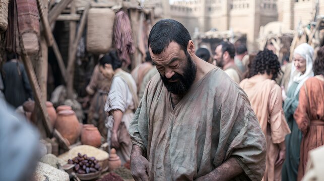Ancient Babylonian Man Walks Through Crowded Marketplace A Moment of Quiet Reflection