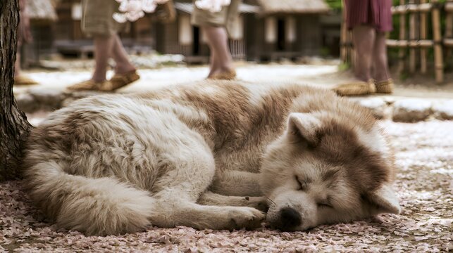 Peaceful Akita Sleeps Beneath Cherry Blossoms in a Traditional Japanese Village Scene
