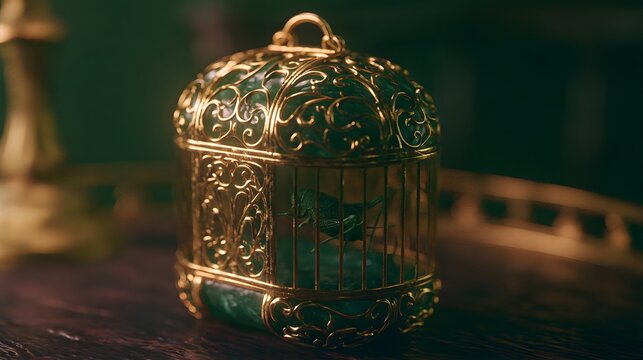 Luxurious Cricket Cage Miniature Artistry Green Jade Gold Filigree Design Concept