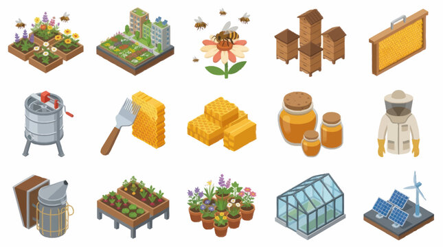 Colorful isometric illustration of beekeeping and gardening tools.