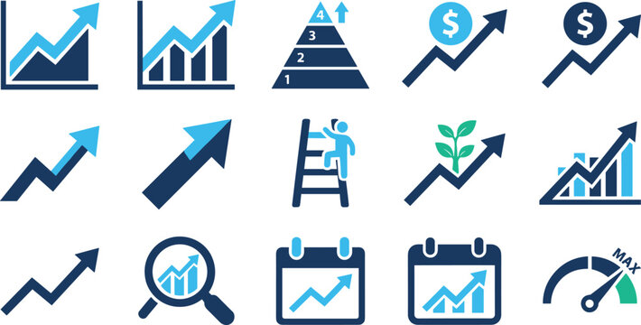 Vector set of growth trend and analysis icons featuring bar charts diagrams ladder and progress bar designs.