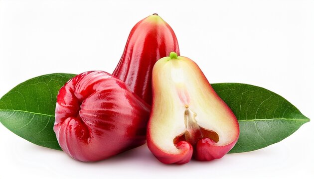 Fresh Rose Apple Fruit With Green Leaves Isolated On White Background