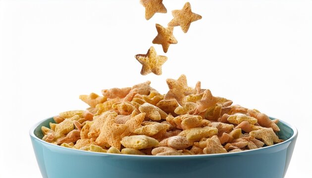 Cereal En Forma De Estrella Cayendo En Un Bol Sobre Fondo Blanco