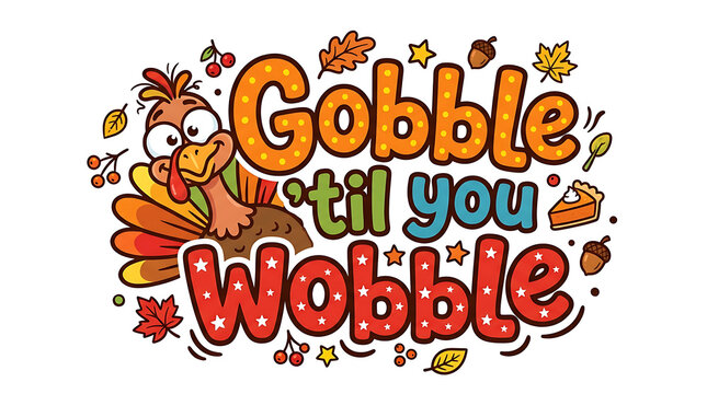 Festive thanksgiving typography 'gobble til you wobble' illustration with cartoon turkey design