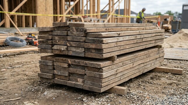 Stack of Aged Timber Planks Arranged Neatly at a Building Site  weathered lumber wooden boards construction materials rough-cut wood stacked planks concrete ledge blue sky backdrop high-angle
