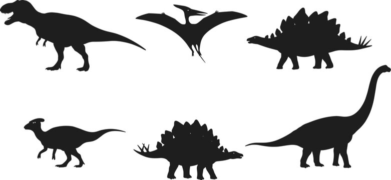 Collection of dinosaur silhouettes vector illustration set, prehistoric animal shapes including T-rex