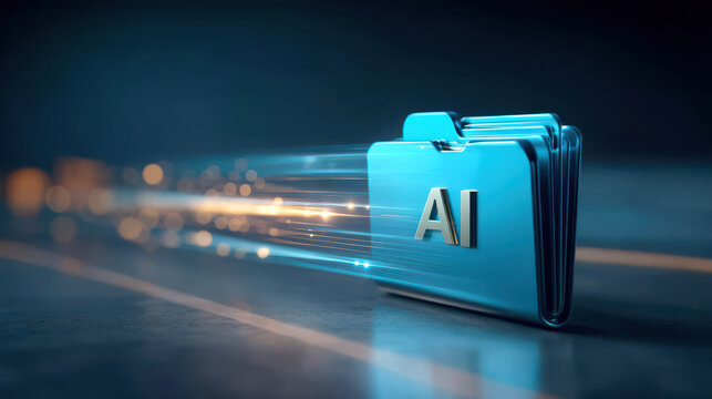 AI folder icon with metallic blue finish moving through light streaks conveying fast digital file transfer and futuristic data storage