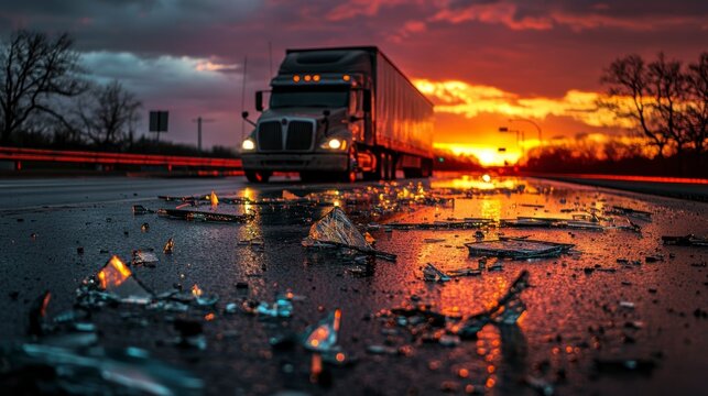 Semi-truck driving on highway at sunset with shattered glass on road.