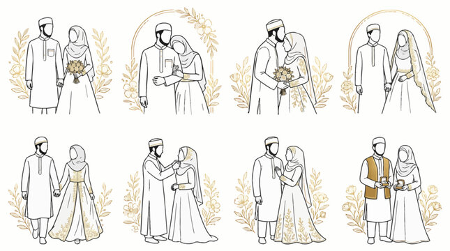Muslim wedding couple line art set featuring romantic nikah poses and floral accents, design by alevidhanu
