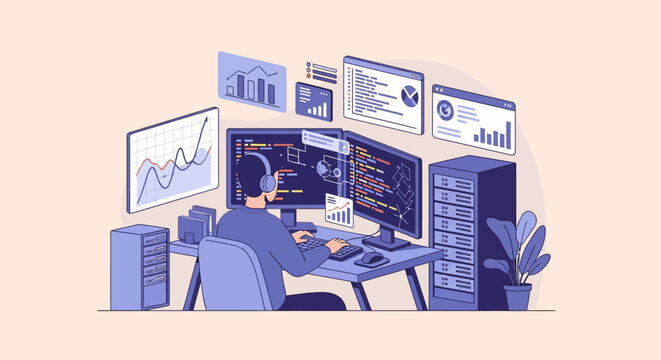 Programmer working on multiple computer screens with data charts.