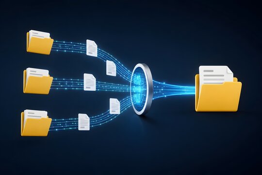 Digital document management system funneling multiple data files through glowing optical network into centralized storage folder