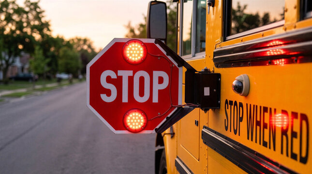 School Bus Stop Sign with Flashing Red Safety Lights at Sunset