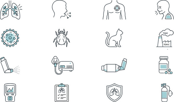 Asthma and Respiratory Allergy Medical Icon Collection with Inhaler, Nebulizer, Lung Function, Triggers, Diagnosis, Treatment, and Healthcare Vector Set