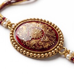 Naklejka premium Luxury Oval Red Enamel Traditional Rakhi Bracelet Gold Crystal Charms Handmade.