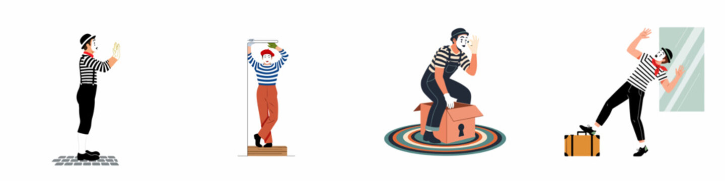 Set of flat vector illustrations of mimes in various classic comedic poses and costumes performing silent street theater acts on white background.