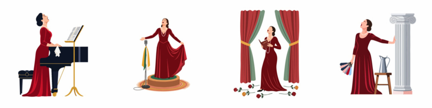 Set of four illustrations depicting an elegant opera singer in various stage settings, performing with piano, microphone, and classical elements.