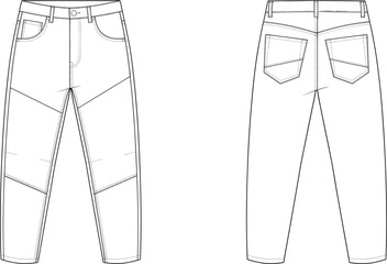 Obraz premium Men denim jeans with articulated knee panels technical flat fashion sketch front and back vector illustration template